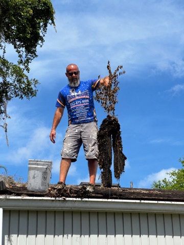 Worker holding a large clump of gutter debris
